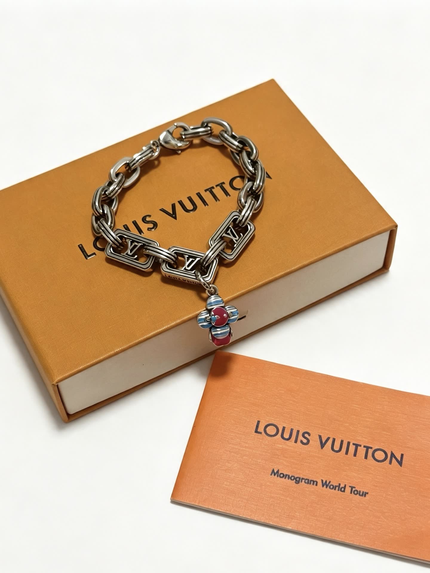 Louis Vuitton Silver Tone Bracelet with Monogram Charm